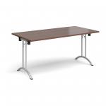 Rectangular folding leg table with silver legs and curved foot rails 1600mm x 800mm - walnut