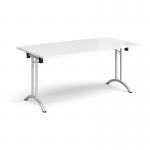 Rectangular folding leg table with silver legs and curved foot rails 1600mm x 800mm - white