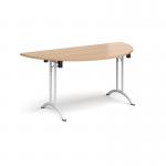 Semi circular folding leg table with white legs and curved foot rails 1600mm x 800mm - beech CFL1600S-WH-B