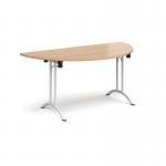 Semi circular folding leg table with white legs and curved foot rails 1600mm x 800mm - beech CFL1600S-WH-B