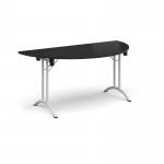 Semi circular folding leg table with white legs and curved foot rails 1600mm x 800mm - Black CFL1600S-WH-BK