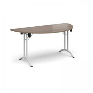 Semi circular folding leg table with silver legs and curved foot rails