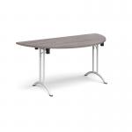 Semi circular folding leg table with white legs and curved foot rails 1600mm x 800mm - grey oak CFL1600S-WH-GO