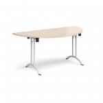 Semi circular folding leg table with white legs and curved foot rails 1600mm x 800mm - maple