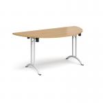 Semi circular folding leg table with white legs and curved foot rails 1600mm x 800mm - oak CFL1600S-WH-O