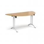 Semi circular folding leg table with white legs and curved foot rails 1600mm x 800mm - oak