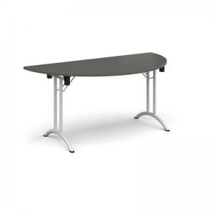 Semi circular folding leg table with white legs and curved foot rails