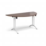 Semi circular folding leg table with white legs and curved foot rails 1600mm x 800mm - walnut