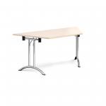 Trapezoidal folding leg table with chrome legs and curved foot rails 1600mm x 800mm - maple