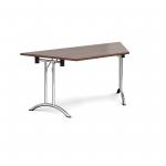 Trapezoidal folding leg table with chrome legs and curved foot rails 1600mm x 800mm - walnut