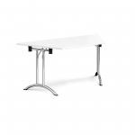 Trapezoidal folding leg table with chrome legs and curved foot rails 1600mm x 800mm - white