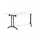 Trapezoidal folding leg table with black legs and curved foot rails 1600mm x 800mm - white