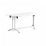 Trapezoidal folding leg table with silver legs and curved foot rails 1600mm x 800mm - white
