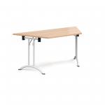 Trapezoidal folding leg table with white legs and curved foot rails 1600mm x 800mm - beech