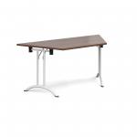 Trapezoidal folding leg table with white legs and curved foot rails 1600mm x 800mm - walnut