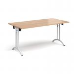 Rectangular folding leg table with white legs and curved foot rails 1600mm x 800mm - beech