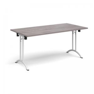 Rectangular folding leg table with white legs and curved foot rails