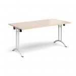 Rectangular folding leg table with white legs and curved foot rails 1600mm x 800mm - maple
