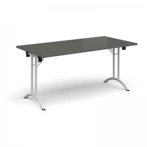 Rectangular folding leg table with white legs and curved foot rails