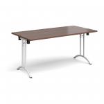 Rectangular folding leg table with white legs and curved foot rails 1600mm x 800mm - walnut