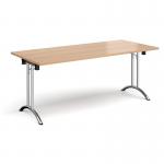 Rectangular folding leg table with chrome legs and curved foot rails 1800mm x 800mm - beech