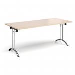 Rectangular folding leg table with chrome legs and curved foot rails 1800mm x 800mm - maple