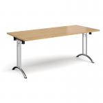 Rectangular folding leg table with chrome legs and curved foot rails 1800mm x 800mm - oak