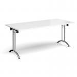Rectangular folding leg table with chrome legs and curved foot rails 1800mm x 800mm - white
