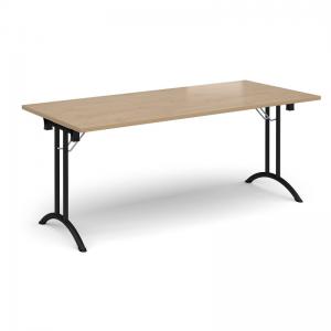 Rectangular folding leg table with black legs and curved foot rails