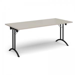 Rectangular folding leg table with black legs and curved foot rails