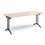 Rectangular folding leg table with black legs and curved foot rails 1800mm x 800mm - maple