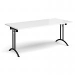 Rectangular folding leg table with black legs and curved foot rails 1800mm x 800mm - white
