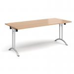 Rectangular folding leg table with silver legs and curved foot rails 1800mm x 800mm - beech