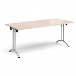 Rectangular folding leg table with silver legs and curved foot rails 1800mm x 800mm - maple