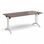 Rectangular folding leg table with silver legs and curved foot rails 1800mm x 800mm - walnut
