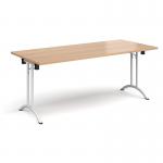 Rectangular folding leg table with white legs and curved foot rails 1800mm x 800mm - beech