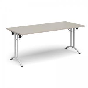 Rectangular folding leg table with white legs and curved foot rails