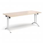 Rectangular folding leg table with white legs and curved foot rails 1800mm x 800mm - maple
