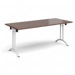Rectangular folding leg table with white legs and curved foot rails 1800mm x 800mm - walnut