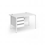 Contract 25 straight desk with 3 drawer pedestal and white H-Frame leg 1200mm x 800mm - white top CH12S3-WH-WH