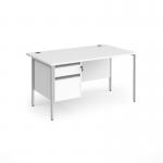Contract 25 straight desk with 2 drawer pedestal and silver H-Frame leg 1400mm x 800mm - white top CH14S2-S-WH