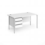 Contract 25 straight desk with 3 drawer pedestal and silver H-Frame leg 1400mm x 800mm - white top CH14S3-S-WH