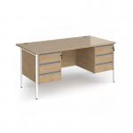 Contract 25 straight desk with 3 and 3 drawer pedestals and white H-Frame leg 1600mm x 800mm - kendal oak top CH16S33-WH-KO