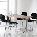 Rectangular deluxe fliptop meeting table with black frame 1600mm x 800mm in maple with 4 x Taurus meeting room chairs in charcoal fabric black frame