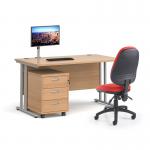 Bundle deal - Maestro 25 straight 1400mm desk in beech with silver frame/ 3 drawer pedestal/ Luna silver monitor arm and Vantage V100 chair in black