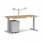 Elev8 Mono straight sit-stand desk 1600mm - silver frame and beech top with matching double monitor arm and steel pedestal and cable tray