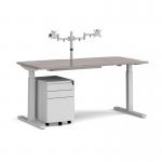 Elev8 Mono straight sit-stand desk 1600mm - silver frame, grey oak top with matching double monitor arm, steel pedestal and cable tray COMBEV1-S-GO