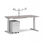 Elev8 Mono straight sit-stand desk 1600mm - silver frame, grey oak top with matching double monitor arm, steel pedestal and cable tray COMBEV1-S-GO