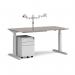 Elev8 Mono straight sit-stand desk 1600mm - silver frame and grey oak top with matching double monitor arm and steel pedestal and cable tray