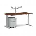 Elev8 Mono straight sit-stand desk 1600mm - silver frame and walnut top with matching double monitor arm and steel pedestal and cable tray